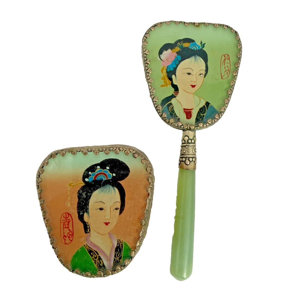 Vintage Geisha Reverse Painted Vanity Set Hand Mirror & Box Green Stone Handle